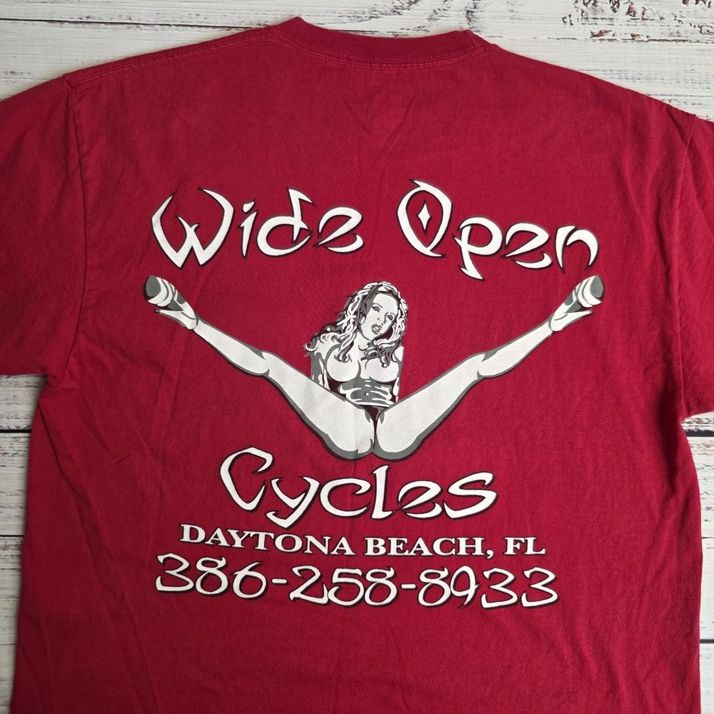 Wide Open‎ Cycles T-Shirt Mens Large Red Motorcycle Biker Graphic Hanes Tag